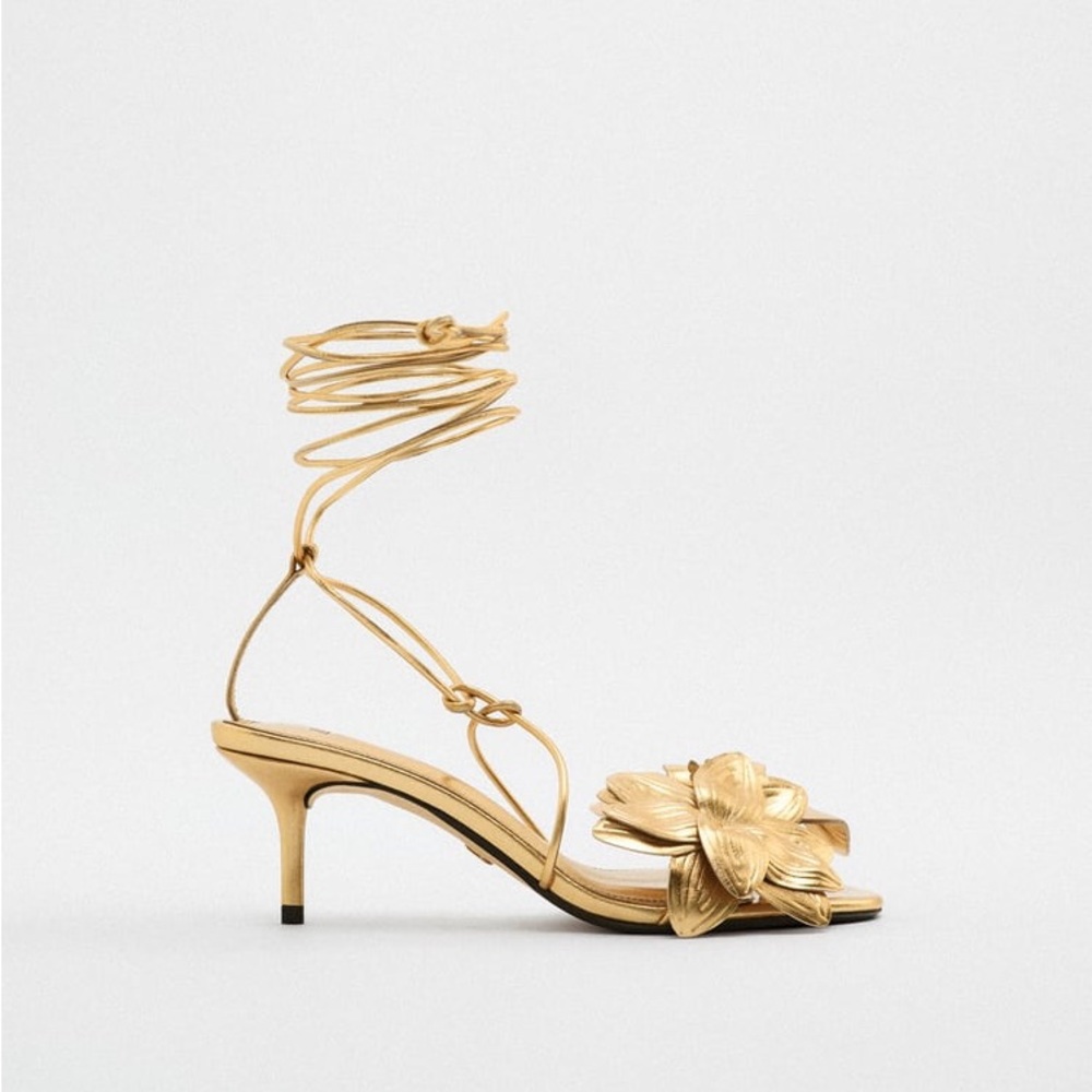 Zara Gold Lace Up Tied Floral Mid-Height Heel Leather Sandals